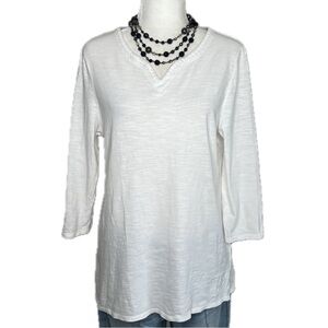 Chico’s Cotton Tee 3 Quarter Sleeve Stitched Split V Neck Top White Medium M